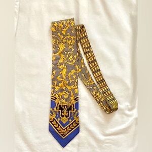 Vintage Gianni Versace Iconic Baroque Pattern Silk Tie Blue Gold Black